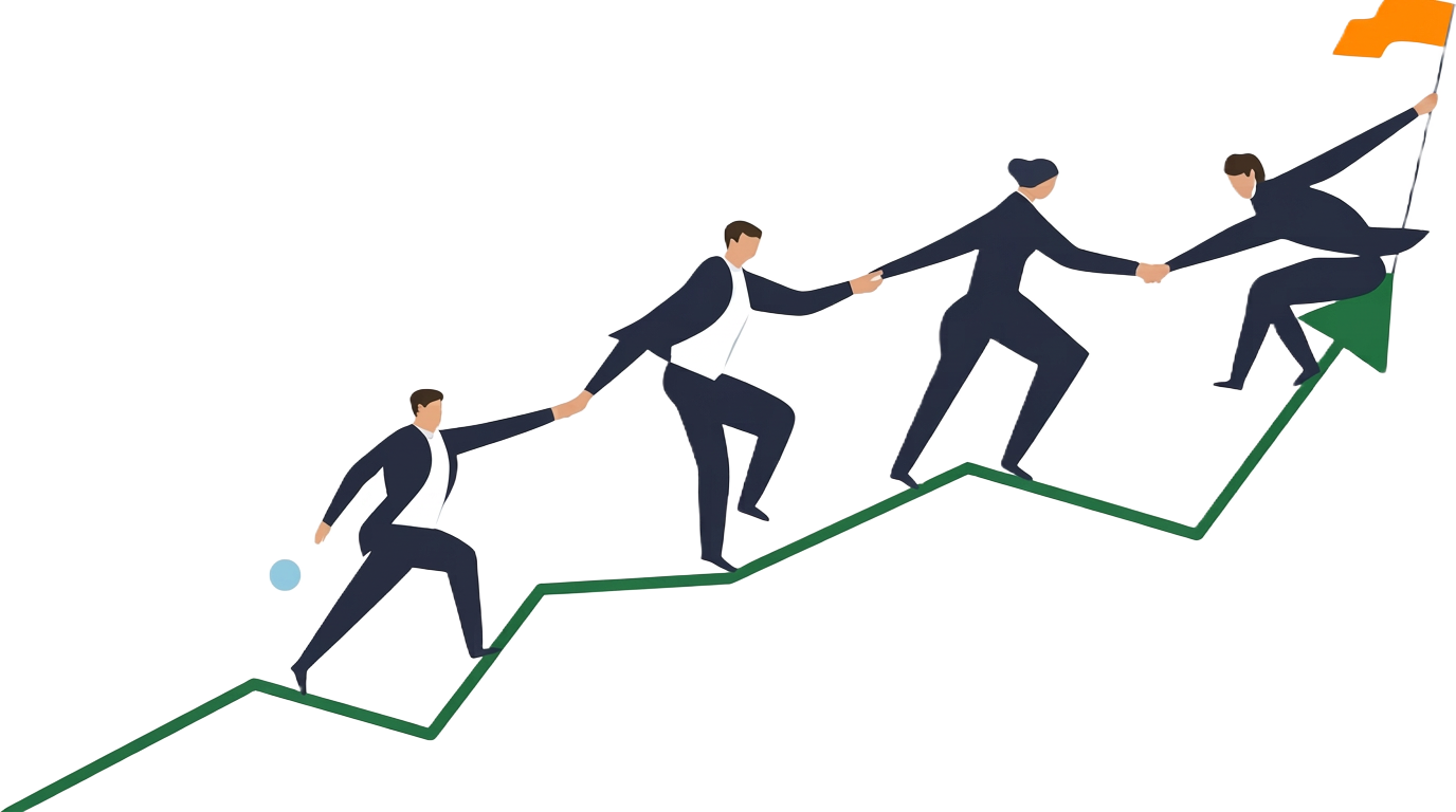 Team helping each other climb a rising chart toward a goal